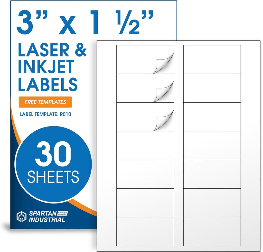 3" X 1.5" Matte White Printable Address Labels (30 Sheets, 420 Stickers) Mailing Labels and Product Packaging Stickers for Laser & Inkjet Printers - Spartan Industrial Template R010