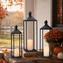 Decorative Lanterns for Indoor & Outdoor, Set of 3 Black Metal Lanterns (22" & 19" & 17") with LED Timer Flameless Candles, Farmhouse Modern Decor for Front Porch, Patio, Garden, Mantle