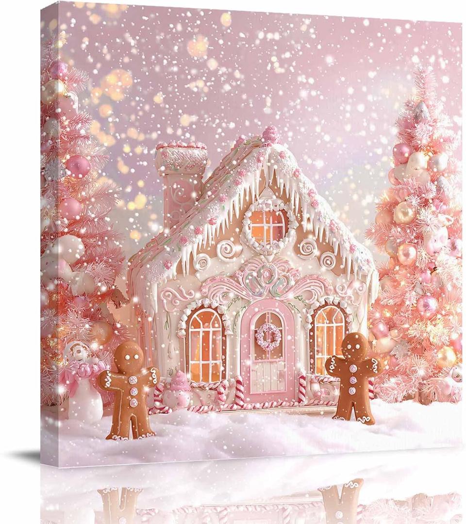 Pink Christmas Gingerbread House Canvas Wall Art for Living Room Winter Snowflake Wall Decor Printed Artwork Framed Wall Art for Bedroom Bathroom Office Home Decor 12" x 12", Pink Brown