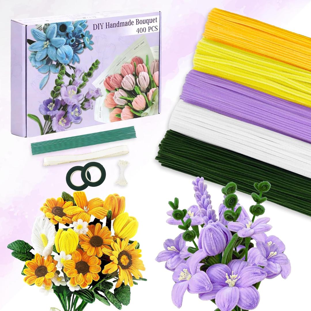 400 Pcs Pipe Cleaners Craft,6 Assorted Colors Pipe Cleaners Bulk, Chenille Stems for DIY Flower Making Kit with Floral Wires, Gardening Tape,Stamen& Ribbon (Yellow)