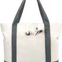 TOPDesign 1-Pack Canvas Tote Bag with an External Pocket, Reusable Grocery Shopping Bag, Top Zipper Closure, Daily Essentials (Grey/Natural)