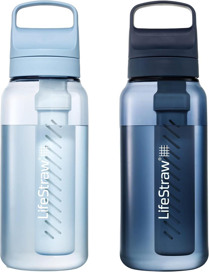 LifeStraw Go Series BPA-Free Water Filter Bottle for Travel and Everyday use removes Bacteria, parasites and microplastics, Improves Taste, 1L 2-Pack; Icelandic Blue and Aegean Sea
