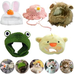 5 Pieces Cat Hat Adorable Cat Costume Outfit Bunny Hat with Ears Funny Mane Hat for Cats and Small Dogs Kitten Puppy Party Costume Accessory Headwear (Frog-Flower-Rabbit-Lion-Chick)