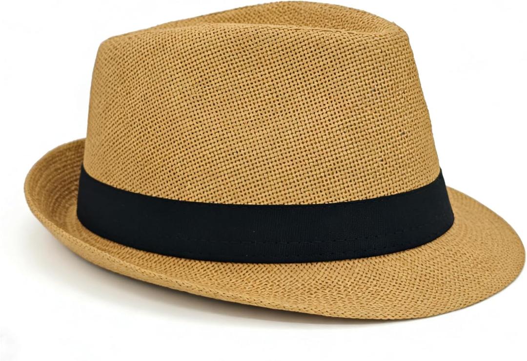 Straw Fedora Hat for Men Summer Short Brim Panama Hat Beach Casual (M)