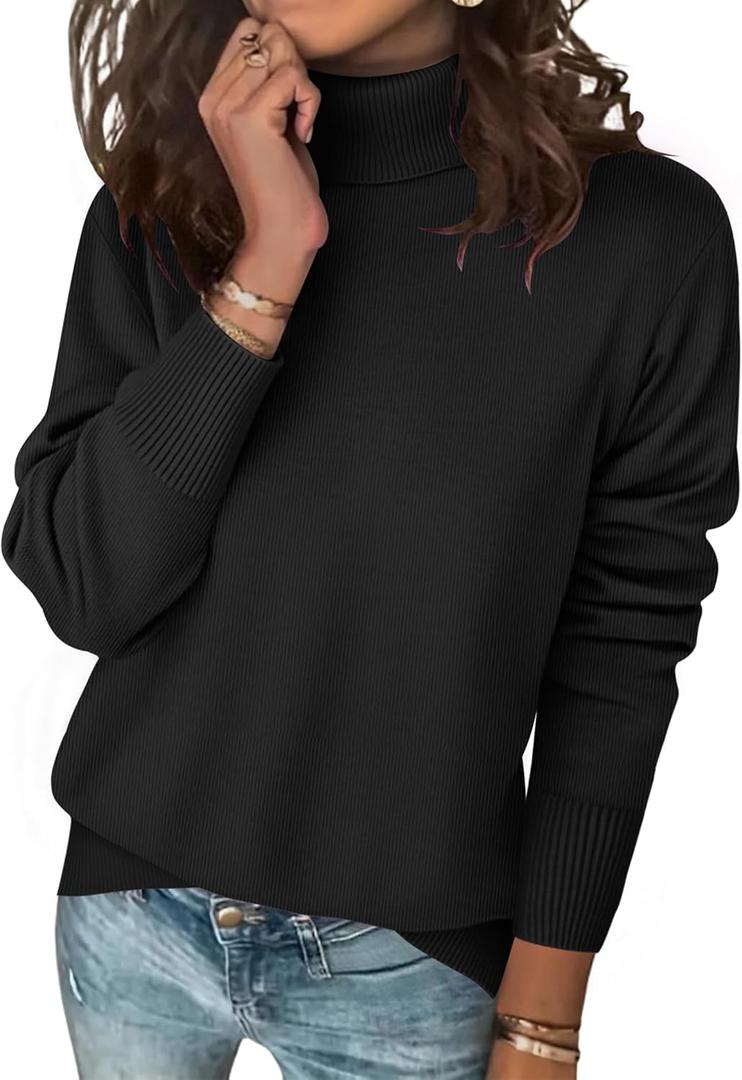 Zeagoo Women's Turtleneck Sweater Long Sleeve Spilt Hem Casual Knit Pullover Chunky Fall Winter Jumper Top 2026 (Black, S)