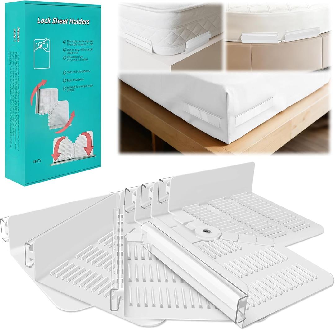 Fitted Bed Sheet Holders for Corners, Anti-Slip Lock Clips Keep Sheets Firm & Tight, Patent Design Adjustable Angle for Mattress Topper Pad of Home Hospital Hotel, Easy Installation, New Year's Gift (White)