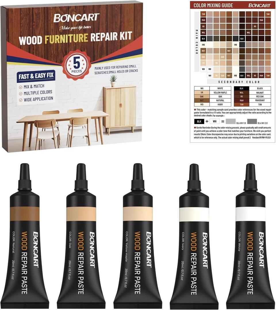 Boncart Wood Furniture Repair Kit, Wood Touch up Fillers, Repair Scratches, Cracks, Paint Chips, and Nail Holes on Furniture, Floors, Doors, Cabinets, and Tables (5 Light Colors)