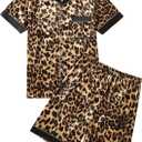 WDIRARA Men's 2 Piece Leopard Print Satin Pajama Set Button Down Short Sleeve Shorts Loungewear Sets (M)