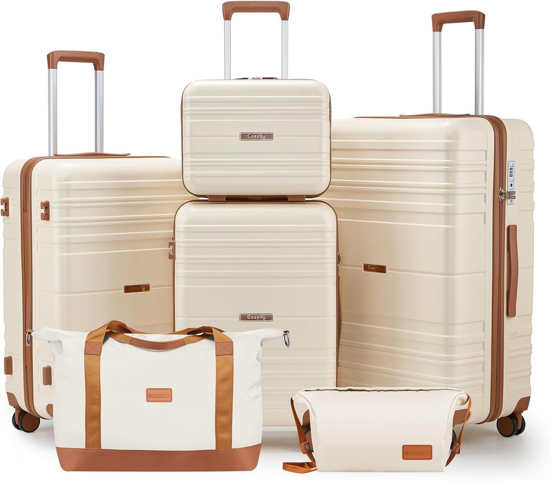 Luggage Sets with Spinner Wheels, Lightweight Hardshell Suitcase Set with TSA Lock, Carry On Checked Luggage Set with YKK Zippers (Beige, 6 piece sets 14/20/24/28/DB/TB)