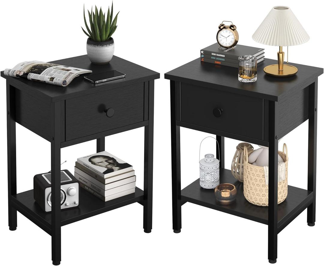 Nightstands Set of 2 with Drawers, Bedside Table Set of 2 with Storage Shelf, Heavy Duty End Side Table for Living Room Bedroom Small Space Sofa Couch, Wood Metal Night Stand, Easy to Assemble, Black