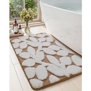 DEXI Bathroom Rugs 24x43, Boho White Leaf Bath Mat, Non Slip Washable Absorbent Quick Dry Bath Rugs, Extra Soft Plush Microfiber Bathmat for Shower Floor, Tub, Sink, Brown