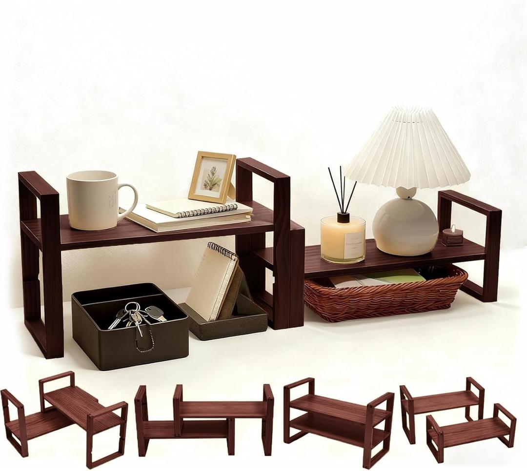 Desk Shelves Desktop Organizer Shelf - No Assembly Needed Holds 130lbs for Top of Desk Organizers and Accessories Corner Bookshelf Table Top Shelving in Office, Books, Bathroom Storage--Walnut Color