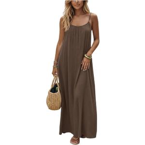 SHENHE Women's Open Back Spaghetti Strap Beach Maxi Dress Loose Flowy Vacation Sundress (Medium, Coffee Brown)