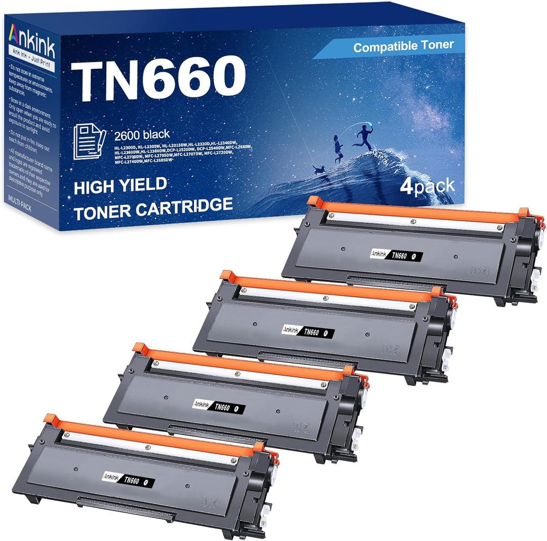 Ankink Compatible Toner Cartridge Replacement for Brother TN660 TN630 (Black,4 Pack) TN-660 630 to Use with MFC-L2700DW L2720DW L2740DW HL-L2300D L2320D L2360DW L2380DW DCP-L2540DW Printer