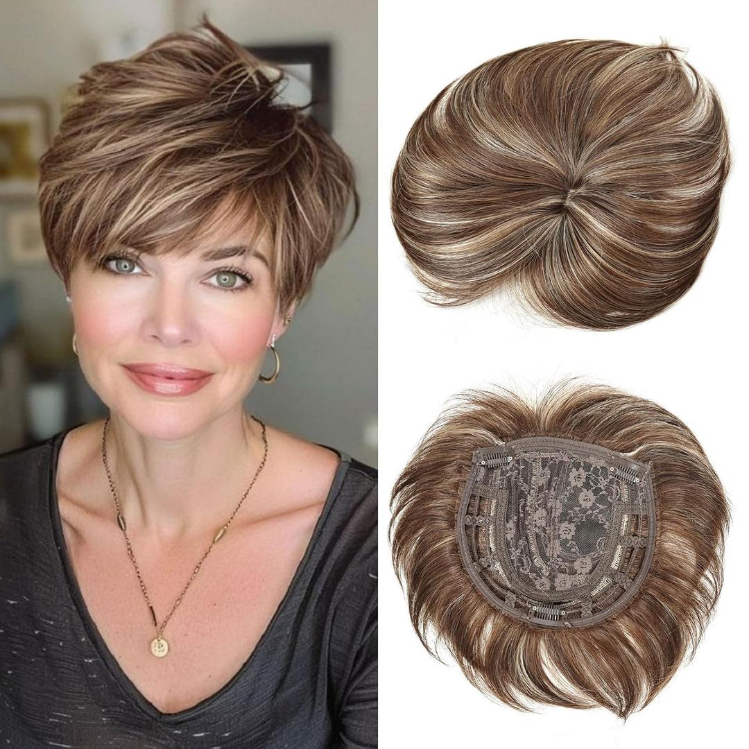 BECUS Brown Hair Topper for Women,Hair Pieces Clip-In 360 3D Cover, Toppers Short Synthetic Bangs for Thinning Hair, 6.5X6 Daily Wear(Dark Brown with Blonde Highlights)