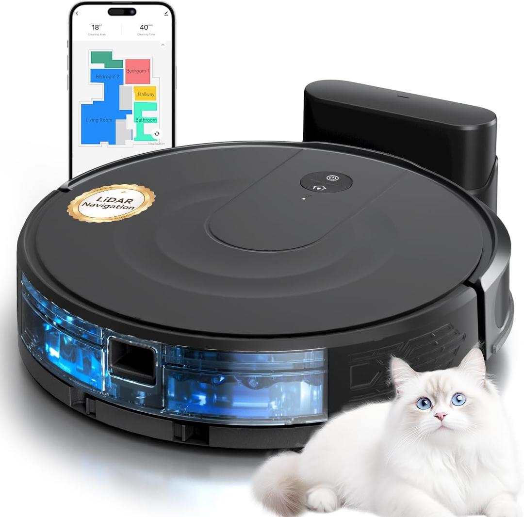 Kewbily Robot Vacuum and Mop Combo, LiDAR Navigation with Ultra Slim Design, Smart Mapping Robotic Vacuum Cleaner, 9000Pa Suction, Customizable Cleaning for Pet Hair, Carpets,Hard Floors (Light Black)