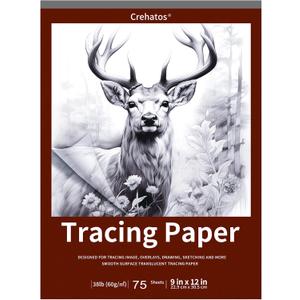 Crehatos 9" x 12" Tracing Paper, Translucent Tracing Pad, 75 Sheets 38lb/60gsm Vellum Art Paper