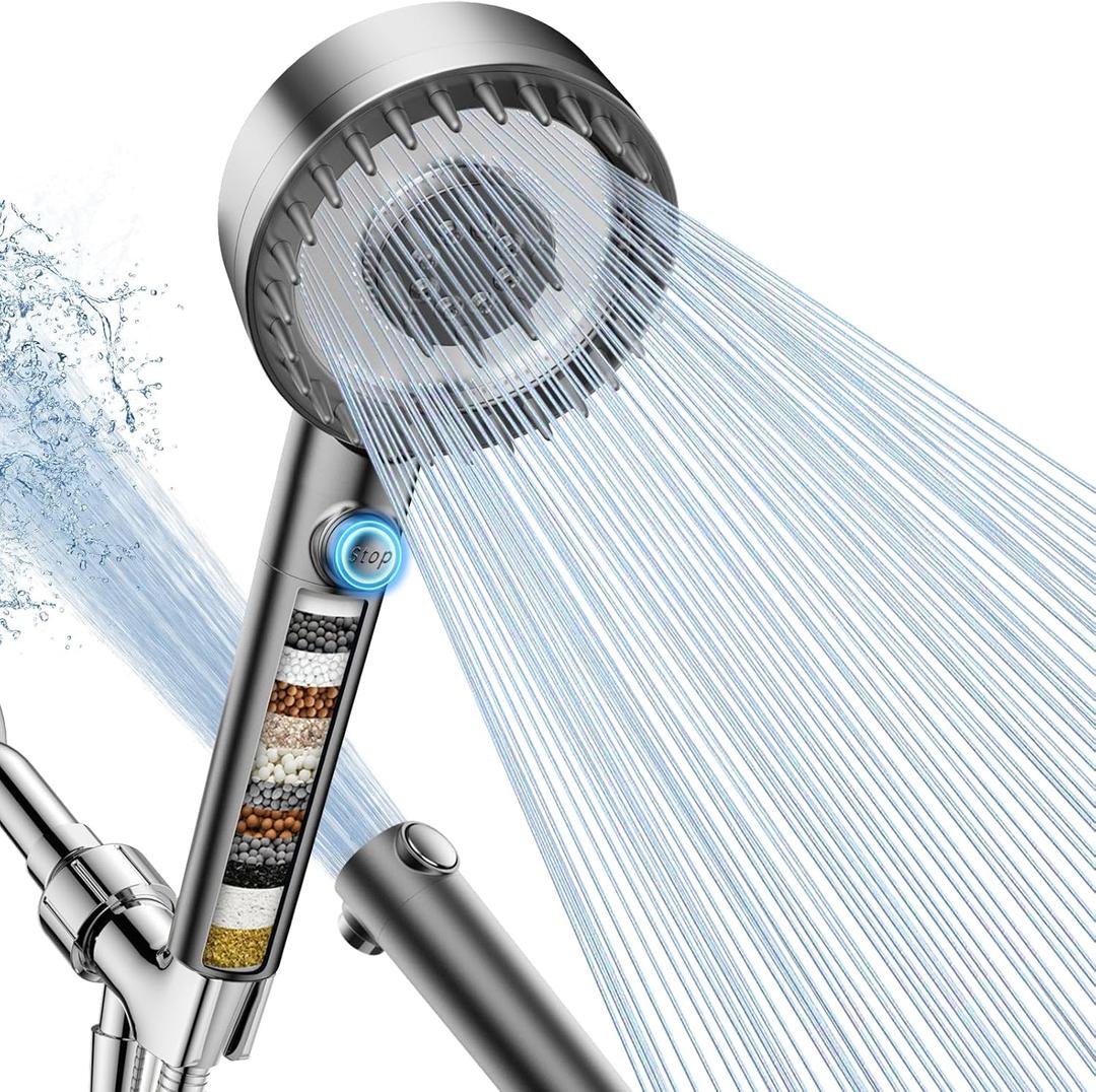 PWERAN Filtered Shower Head with Handheld, High Pressure 4 Spray Mode Showerhead with Filters, Water Softener Filter Beads for Hard Water with ON/OFF Switch for Pets - Remove Chlorine (Gray)