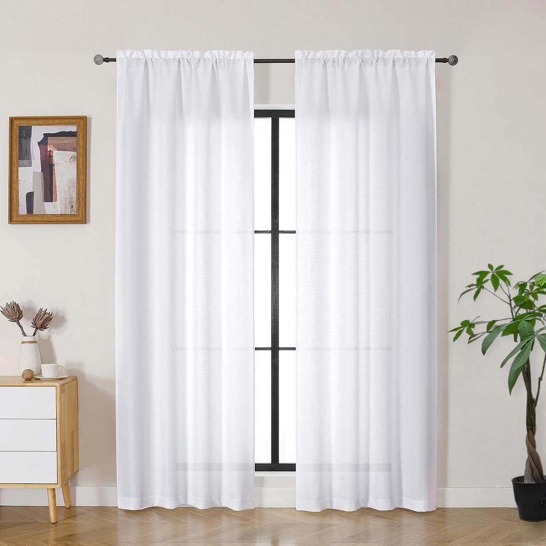 Gwine White Curtains 72 Inches Long 2 Panels Set, Light Filtering Faux Linen Textured Curtains for Living Room, Lightweight Rod Pocket Window Treatments Curtain, Each 40" Wx72 L, 2PCS