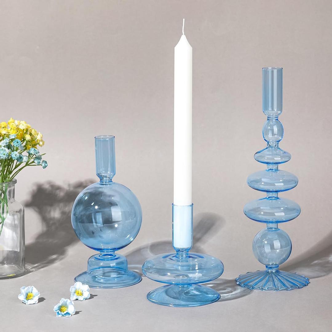 Rtteri 3 Pcs Glass Candlestick Holders Glass Candle Holders Groovy Wavy Elegant Taper Candle Stick for Wedding Home Birthday Party Christmas Halloween Decoration Windowsill Decor(Light Blue)