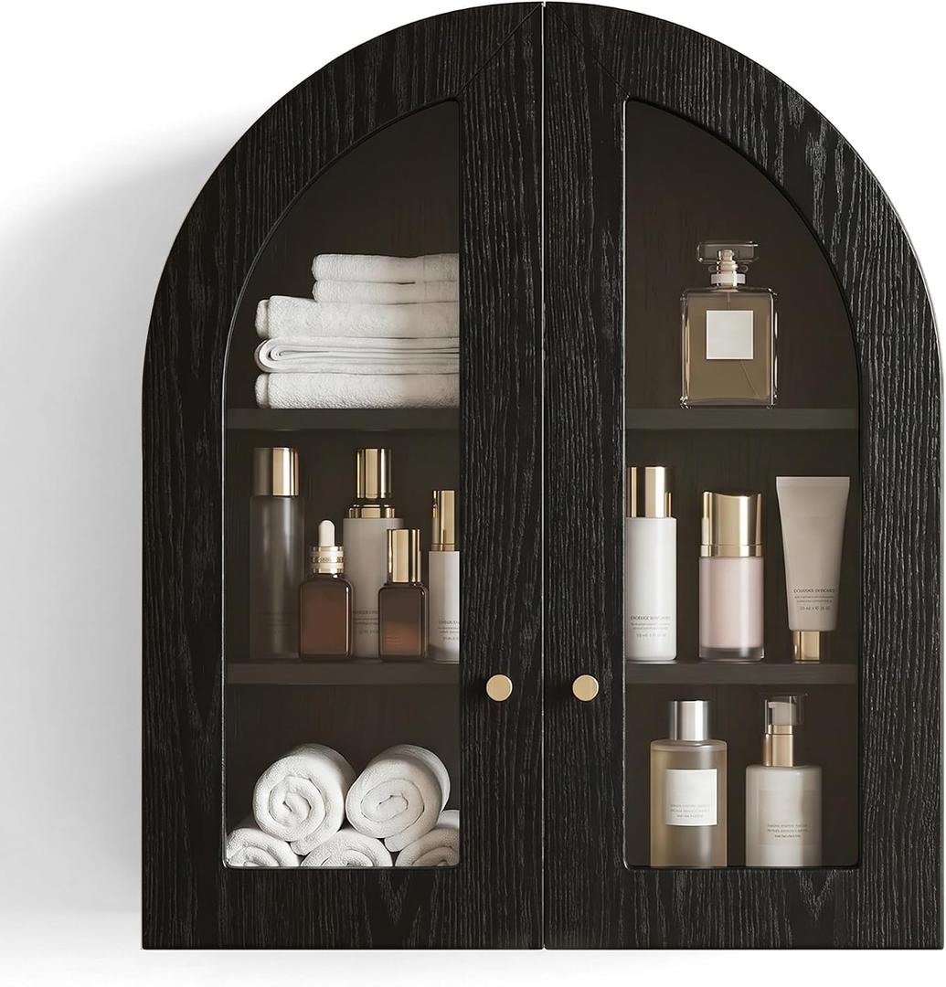 Arched Wall Cabinet, Bathroom Cabinet Wall Mount with Glass Doors & Adjustable Shelf, Floating Medicine Cabinet for Bathroom, Kitchen, Living Room Storage, Black, 23.6 x 27.5 x 8.46 in
