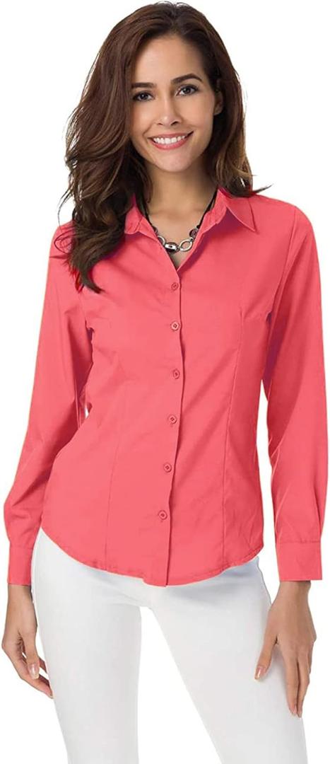 Atnlewhi Womens Long Sleeve Button Down Shirts Classic Work Blouse Stretch Formal Casual Dress Shirt (Large, Watermelon Red)