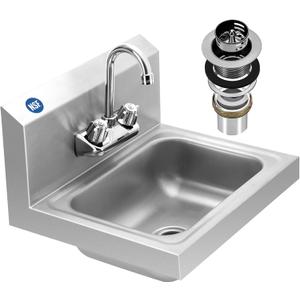BIEAMA Stainless Steel Hand Sink NSF 17x 15" Wall Mount Commercial Hand Washing Sink, with Strainer and Faucet, for Home, Stores, Restaurants, Bars