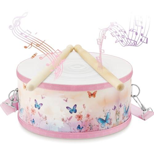 Boao 1 PC Kids Drum Set, 8 Inch Toddler Drum Wooden Toy with Adjustable Strap and 2 Drumsticks, Educational Sensory Musical Instrument for Toddlers Kid Baby Boys Girls Gift(Butterfly)
