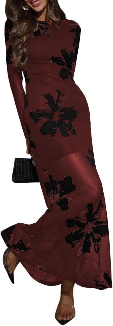 Verdusa Women's Floral Mesh Maxi Dresses Long Sleeve Elegant Formal Fall Wedding Guest Dress Cocktail Holiday Dresses (Large, Black and Red)