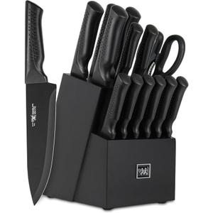 15 Pcs Kitchen Knife Set with Block Self Sharpening, Dishwasher Safe, 6 Steak Knives, Anti-slip handle, Black