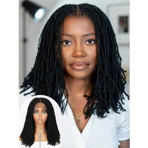 FANCEE Full Lace Short Faux Locs Wig with Baby Hair Pre Plucked Knotless Square Part Straight Pencil Size Dreadlock Soft Locs Full Double Lace Wig for Black Women Natural Hairstyle