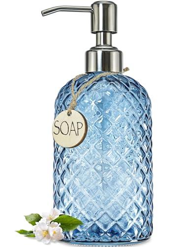 JASAI 18Oz Gem Patterned Glass Soap Dispenser for Kitchen, Refillable Hand soap Dispenser with Rust Proof Stainless Steel Pump, Clear Soap Dispenser Bathroom for Dish Soap, Hand soap, Lotion(Blue)