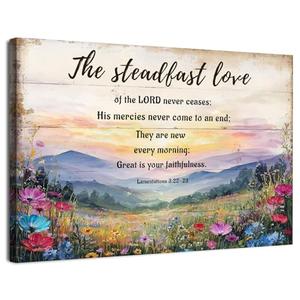 Christian Scripture Wall Art Lamentations 3:22-23 Floral Bible Verse Wall Decor Wildflower Landscape Canvas Pictures Inspirational Painting Artwork for Living Room Bedroom Home Decorations 12x16"