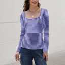 IWD Womens Striped Long Sleeve Shirts Slim Fit Square Neck Tops 2026 Spring Lightweight Knit Pullover Sweater (M)