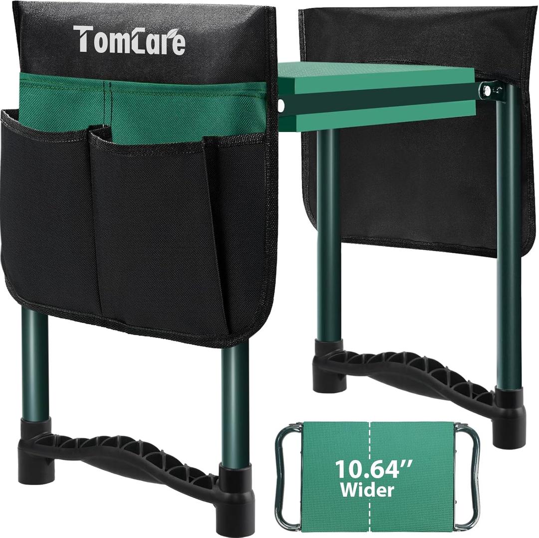 TomCare Garden Kneeler and Seat 10.64 Wider Larger Soft Kneeling Pad Garden Bench with 2 Large Tool Pouches Heavy Duty Garden Stool Foldable Tools Gardening Gifts for Women Men Gardeners (Green)