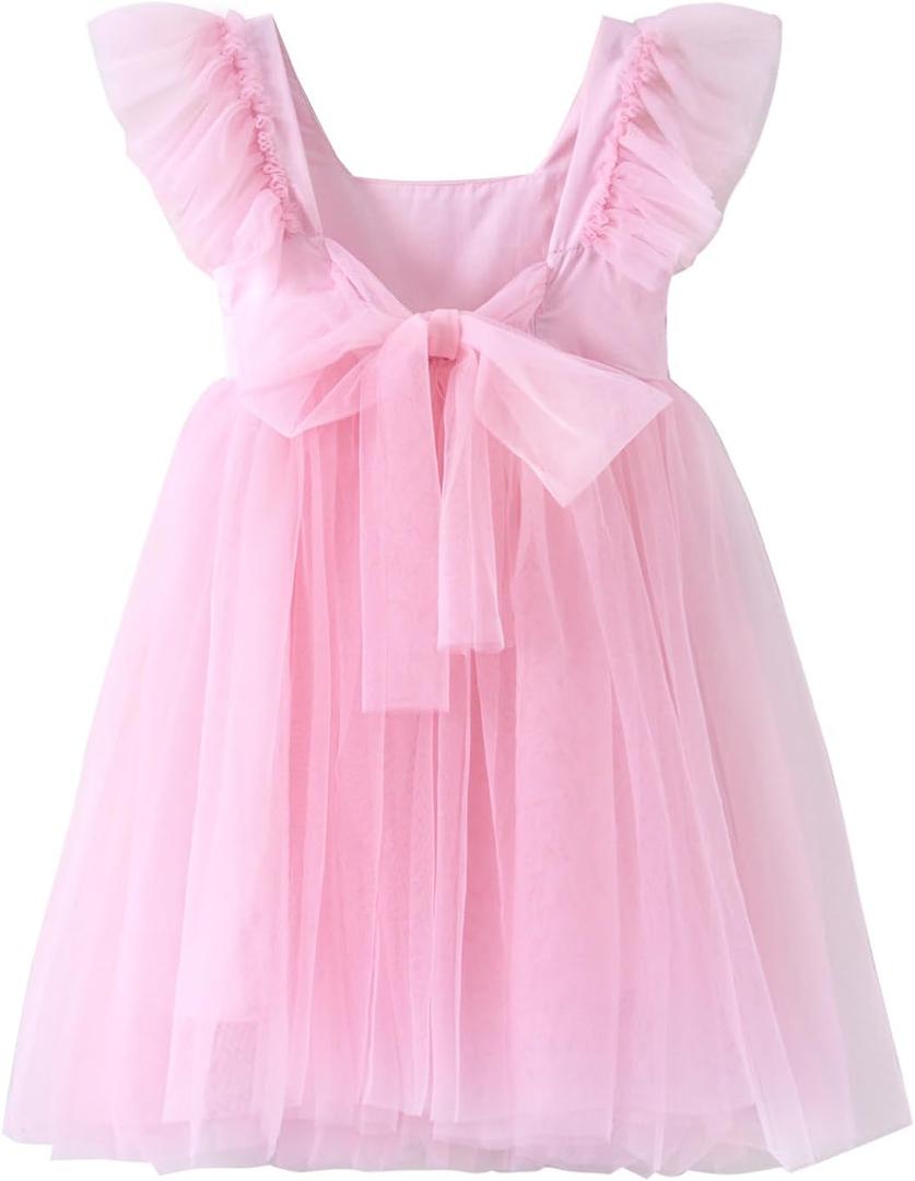 KARETT Toddler Girls Dress Tutu Tulle Flower Party Dress Ruffled Sleeve Dresses Little Girl Kids Wedding Birthday Princess (4-5T, Light Pink)