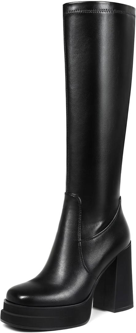 Platform Knee High Boots for Women Chunky High Heel Gogo Boots Square Toe Stretchy Long Tall Boots (not for wide calf) (7, Black)