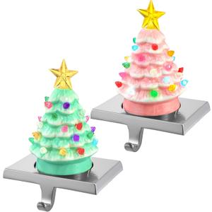 MorningRo 2 Pcs 6.5" Ceramic Christmas Tree Mantel Stocking Holder with LED, 3D Lighted Ceramic Christmas Tree Stocking Holder Hook Xmas Decorations for Fireplace Mantel Table (Pink and Light Green)