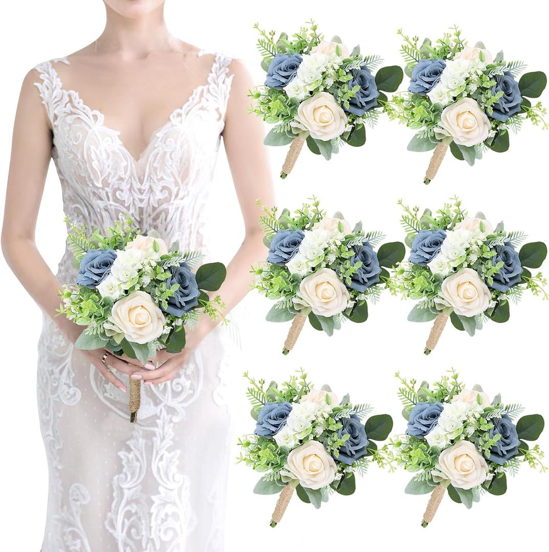 Wedding Bridesmaids Bouquets Set of 6 - Artificial Bridesmaid Rose Bouquet Handmade Maid of Honor Flowers Small Floral Centerpiece for Marriage Proposal Party Anniversary Table Decor -7 inch (Green & Dusty Blue)