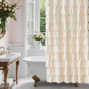 Beige Ruffle Shower Curtain - Farmhouse Ruffled Design, Cream Boho Bathroom Curtain with Elegant Layered Ruffles, Rustic Shabby Chic Style, Fabric Decorative Drapes 72x84, Extra Long