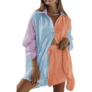 Linsery 2 Piece Summer Outfits Button Down Shirt Top and Shorts Casual Lounge Sets M