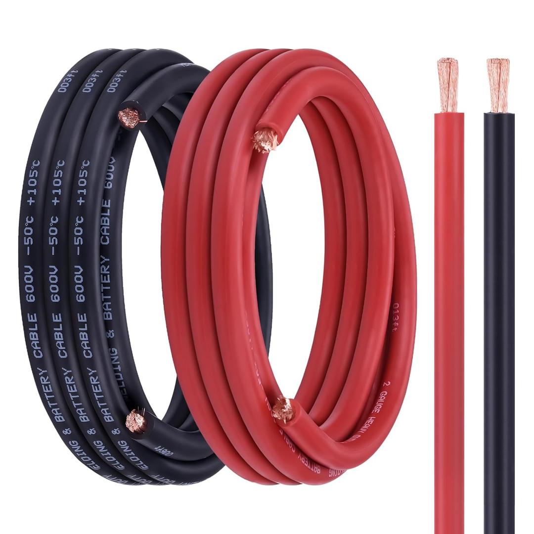 2 Gauge Battery Cable, 15FT Red + 15FT Black Stranded Oxygen-Free Copper Wire, 2 AWG Welding Cable for Automotive, Battery, Solar, Marine and Generator, 2AWG 15FT + 15FT, Red + Black