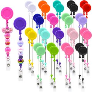 30pcs Colorful Beadable Badge Reels Making Kits - Beaded Blank Bars Bulk - Retractable Badge Reel with Belt Clip for ID Name DIY Gift Beadable Items for Nurses, Teachers, Students, Office, Workers
