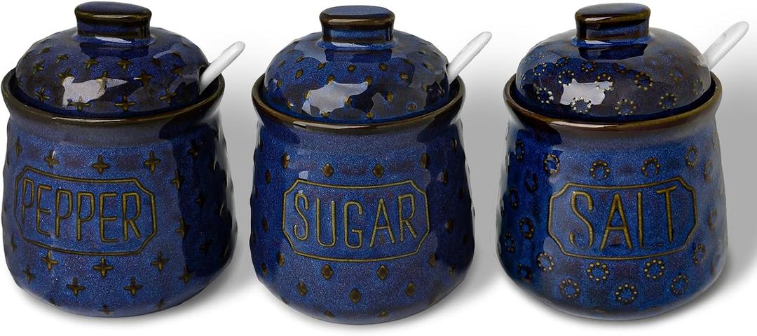 GDCZ 10 Oz Sugar Pepper and Salt Bowls with Lid and Spoon, Ceramics Seasoning Container, Seasoning Jar Spice Container for Kitchen,Dishwasher Safe, Set of 3 (Blue)