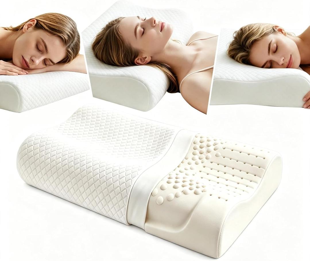Natural Thai Latex Pillow with Removable Cotton Pillowcase for Sleeping, Square, The higher end is 5 inches, Lower end is 4 inches