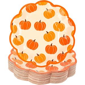 48Pcs Pumpkin Dessert Paper Plates Fall Pumpkins Scallop Disposable Party Plates 7" Orange Edge Scalloped Plate for Thanksgiving Autumn Harvest Party Supplies