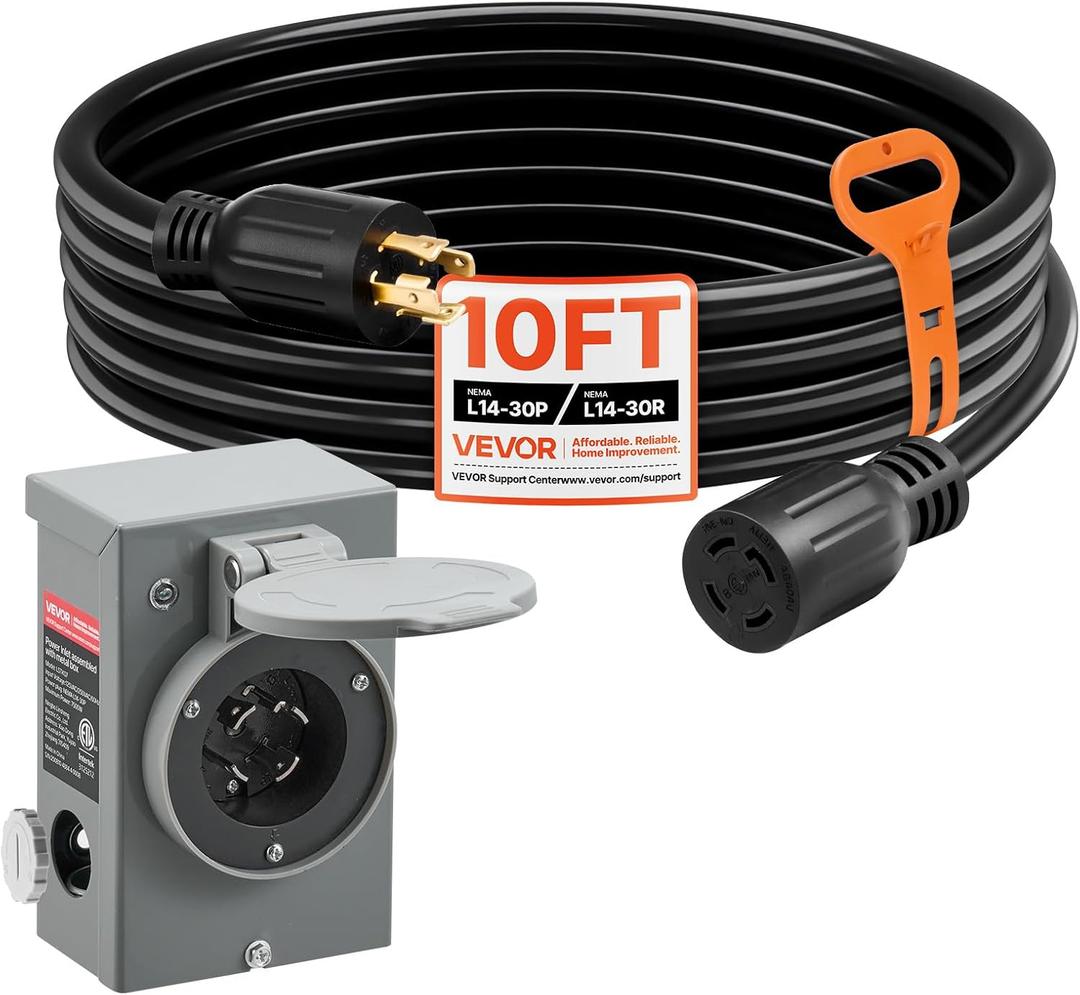 VEVOR 30 Amp Generator Cord and Power Inlet Box, 10 FT, 125/250V NEMA L14-30P to L14-30R Heavy Duty Extension Power Cord, SJTW 10 Gauge 7500W, Pre-Drilled Inlet Box, for Generator to House, ETL Listed