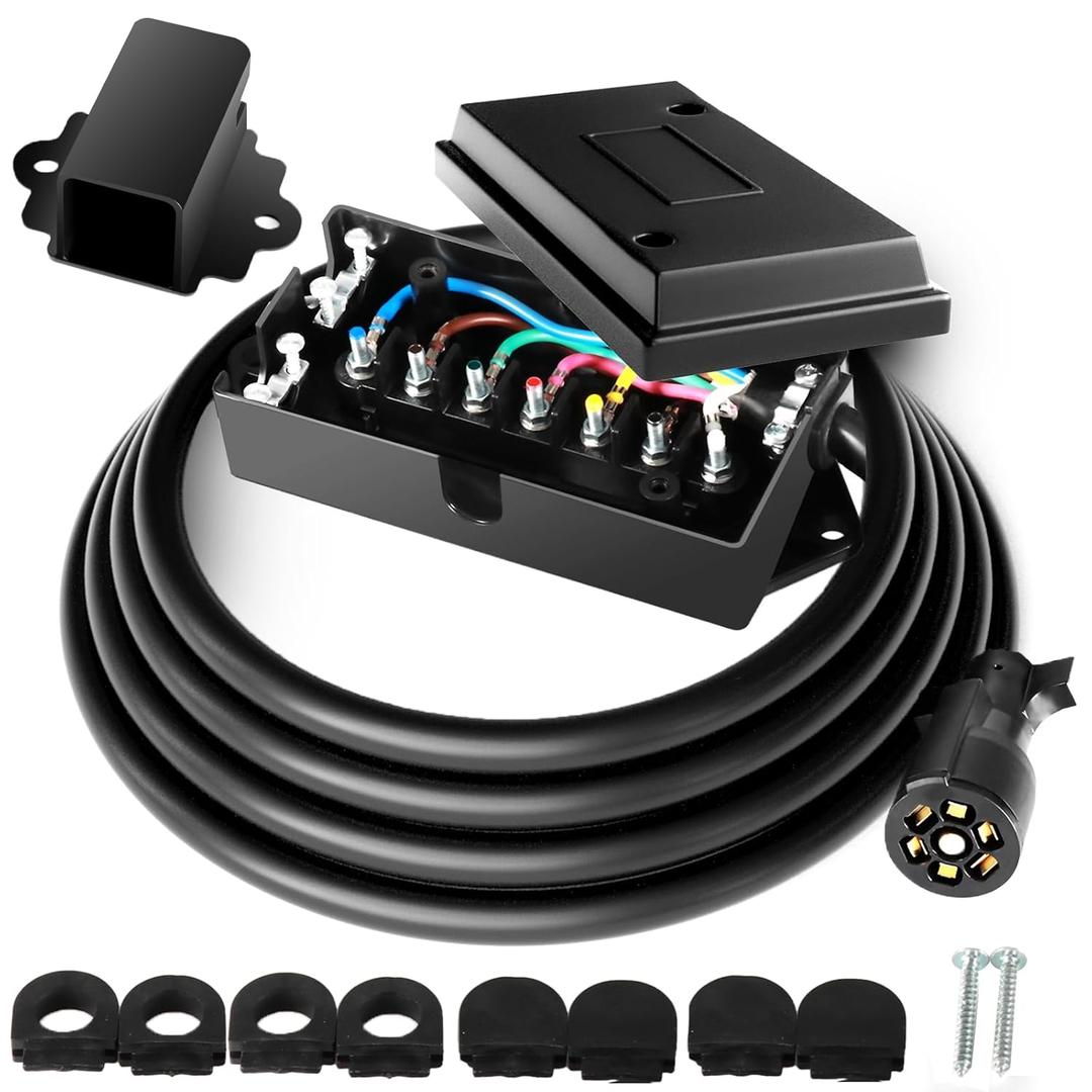 Tirol 7 Pin Trailer Wiring Harness, 8ft Trailer Wire Harness 7 Wire with Trailer Plug and Trailer Junction Box Kit Waterproof for Trailer Rv Camper