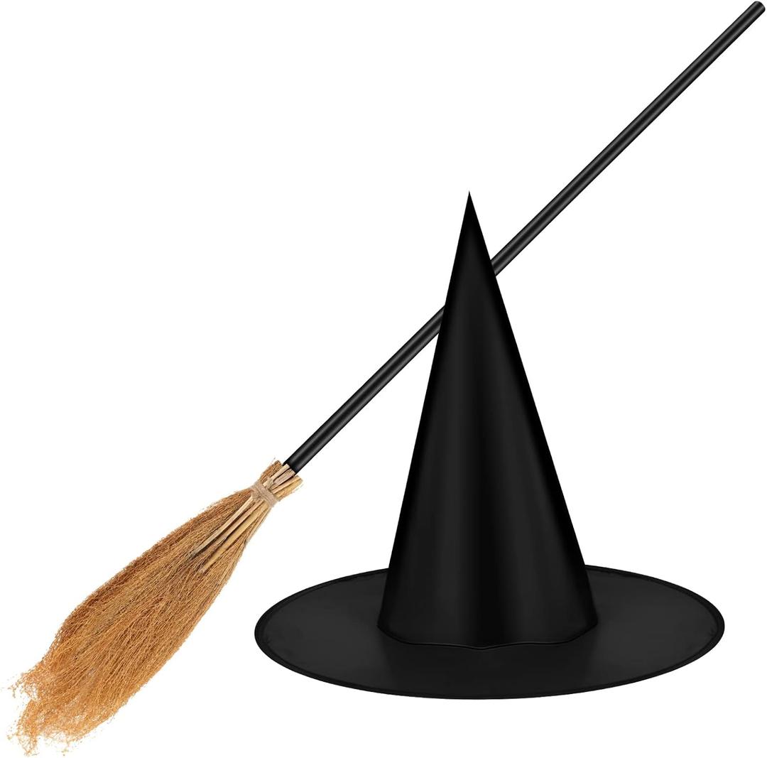Jetec Halloween Witch Broom Hat Set Black Hat with 39.4 Inch Broom Realistic Wizard Witch for Halloween Party Cosplay Props Costume Accessories