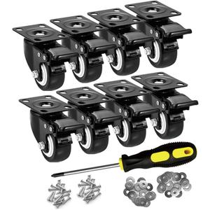 2" Caster Wheels Set of 8, Heavy Duty Casters with Brake, No Noise Locking Casters with Polyurethane (PU) Wheels, Swivel Plate Castors Pack of 8